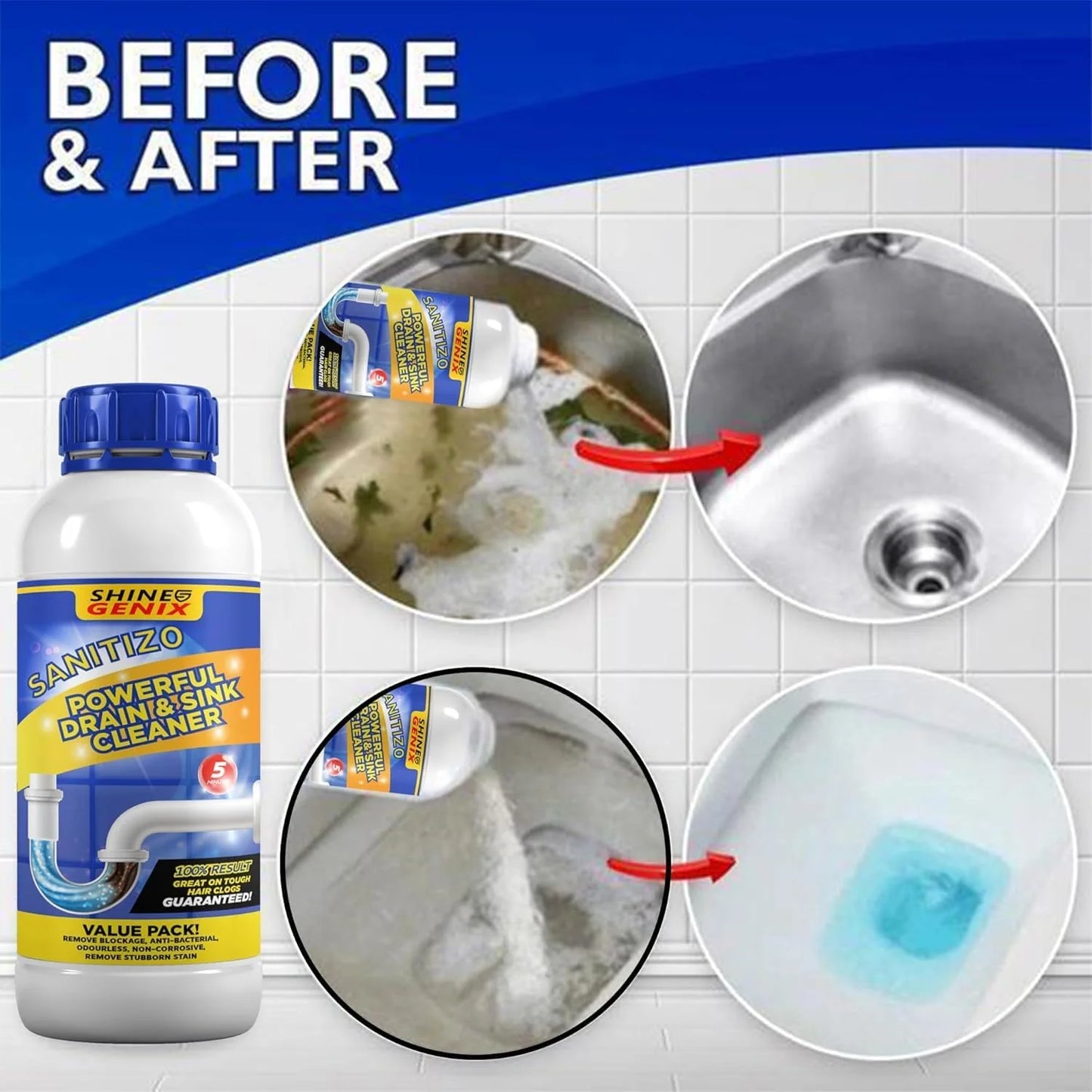 SANITIZO POWERFUL DRAIN & SINK CLEANER POWDER (PACK OF 4)